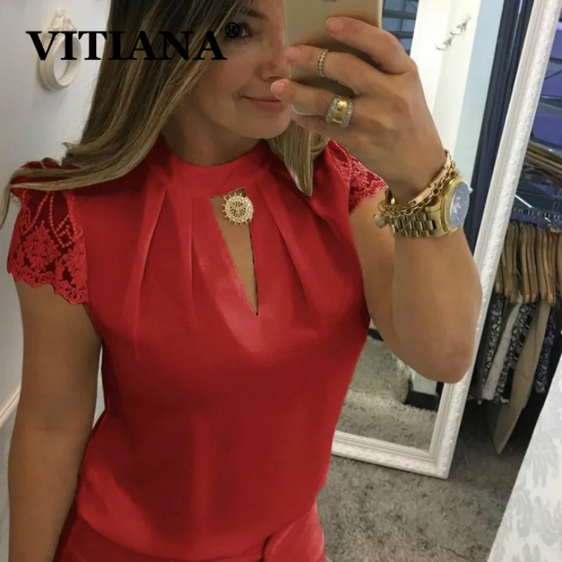 VITIANA, Женская официальная блузка, летняя, женская, короткий рукав, Холтер, одноцветная, черная, белая, тонкая, сексуальная, блузки, для девушек, офисная, рабочая одежда