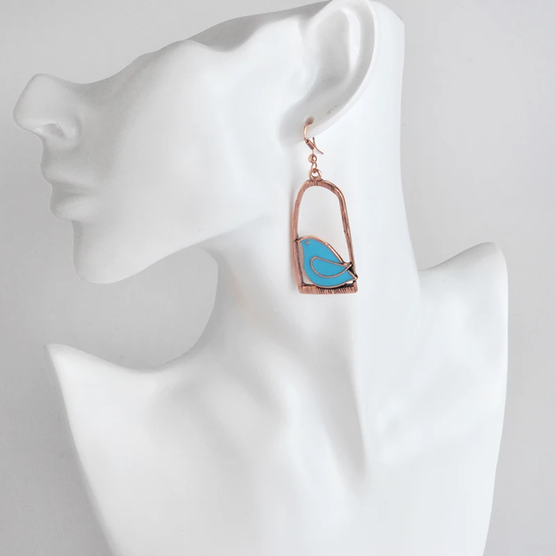 Мисс Зое милые Креативные Винтажные серьги эмаль птица клетка бронзовые