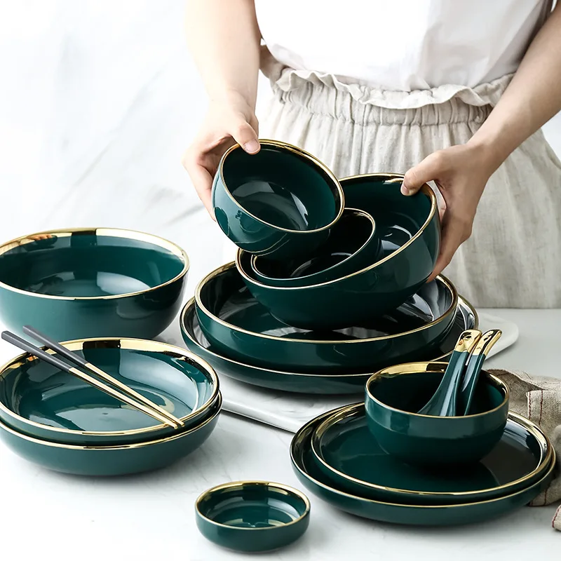 

Luxury Plates and Bowls Dish Spoon Dinner Set with Glod Rim Ceramic Salad Ramen Bowl Deep Plate Crockery Green Dinnerware