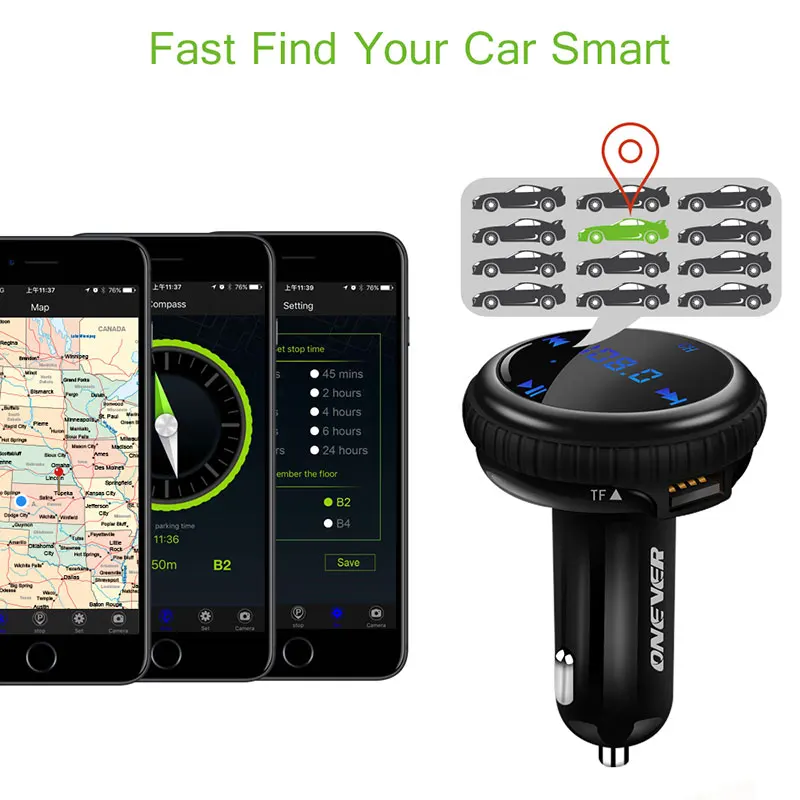 Onever Bluetooth Car Kit Music Player FM Transmitter Modulator GPS Finder Locator 2.1A Dual USB Charger Support TF Card | Автомобили и