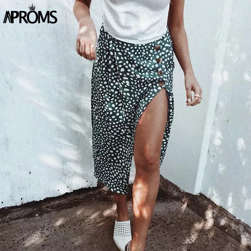 Aproms Милая юбка миди в зеленый горошек Женская модная шикарная юбка с высокой талией и разрезом на пуговицах весна-лето трапециевидная юбка