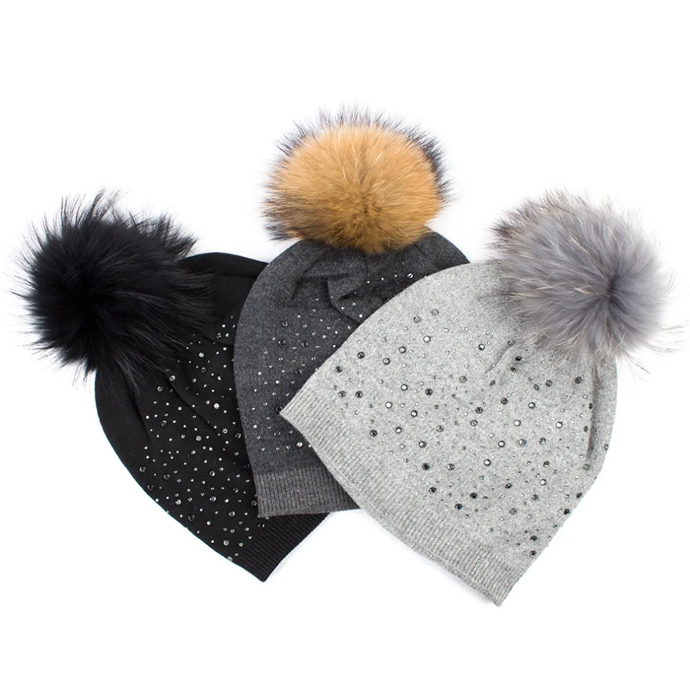 

Geebro Women's Wool Knitted Hat Winter Warm Cashmere Beanies with Raccoon Fur Pompom Ladies Solid Colors Cap with Rhinestones