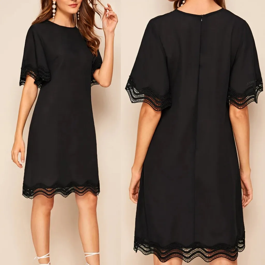 Women Fashion O-Neck Lace Short Sleeve Beach Pure Color Knee Length DressWomen's fashion solid color dress | Женская одежда