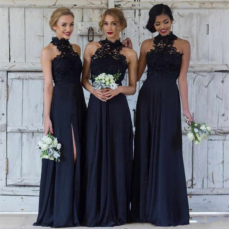 

2019 Navy blue High Neck Long Bridesmaid Dresses Sexy Side Split Lace Wedding Guest Dress Sweep Train Maid Of Honor Gowns