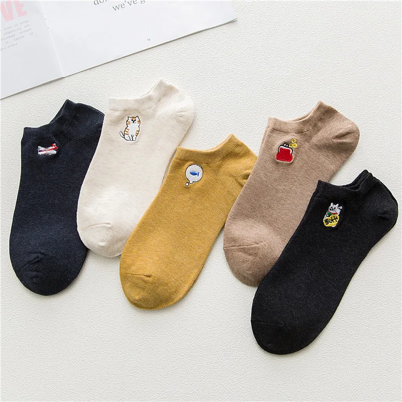 socks 1 Харадзюку, Милые Носки с рисунком котенка, панды, 5 пар, женские хлопковые носки забавные каваи с вышивкой, летние носки желтого цвета для девочек - Цвет: socks 1