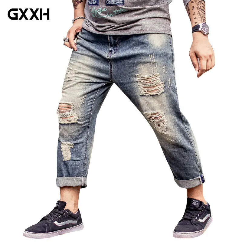 

Tide brand Large size Loose Elastic Men's Nine-point jeans Spring and Autumn cat must wear White Hole Worn Old jeans Size S-8XL