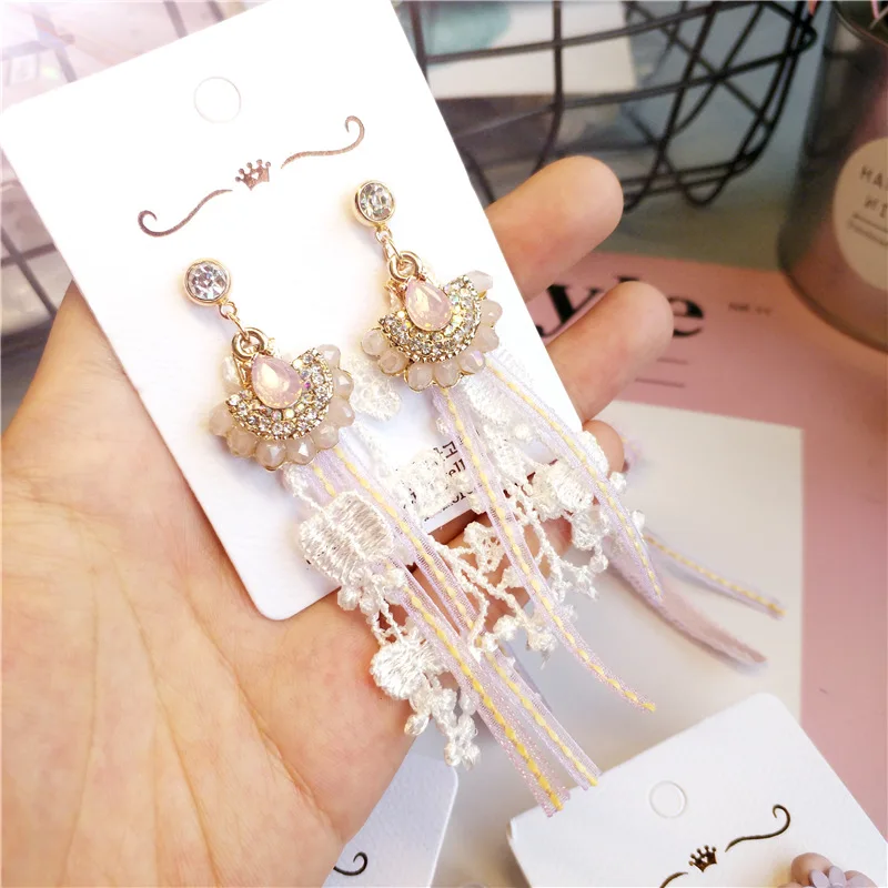 Женские корейские висячие серьги Kawaii милые розовые и фиолетовые длинные летние