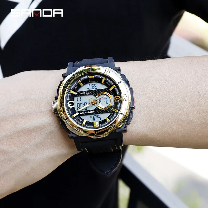 SANDA Роскошные многофункциональные аналоговые цифровые спортивные часы мужские