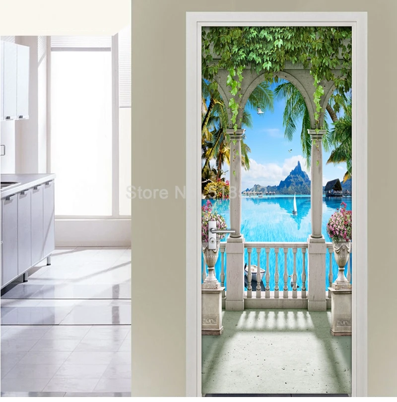 Балкон пейзаж 3D фото настенной бумаги для гостиной спальни двери Стикеры ПВХ самоклеющиеся водонепроницаемые обои современные