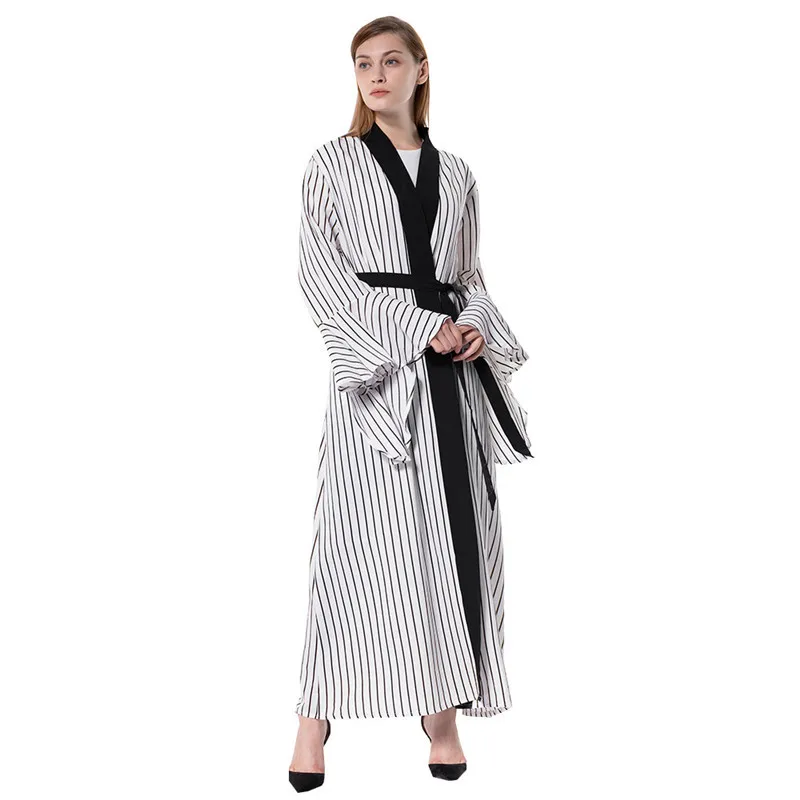 Мусульманское платье Abaya модный полосатый кардиган с расклешенными рукавами