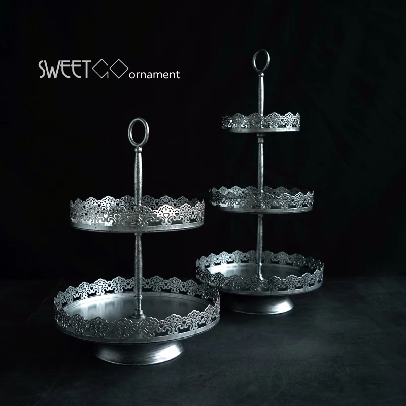 Винтажные серебряные подставки для торта два/три уровня свадебные тарелки