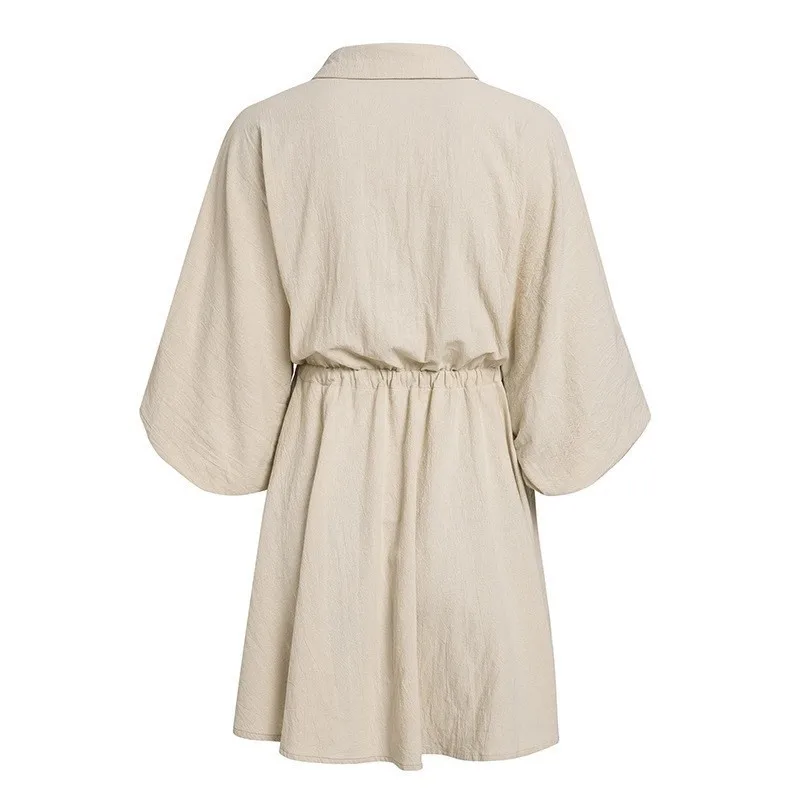 Элегантное льняное короткое платье-рубашка женское Хлопковое платье с длинным