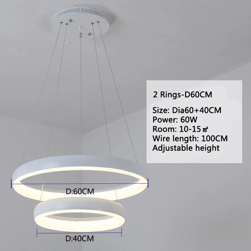 2 Rings D60 40CM Белые/черные/коричневые кольца, современная светодиодная Люстра для гостиной, спальни, кухни, люстра, блеск, подвесная люстра, освещение - Цвет абажура: 2 Rings D60 40CM