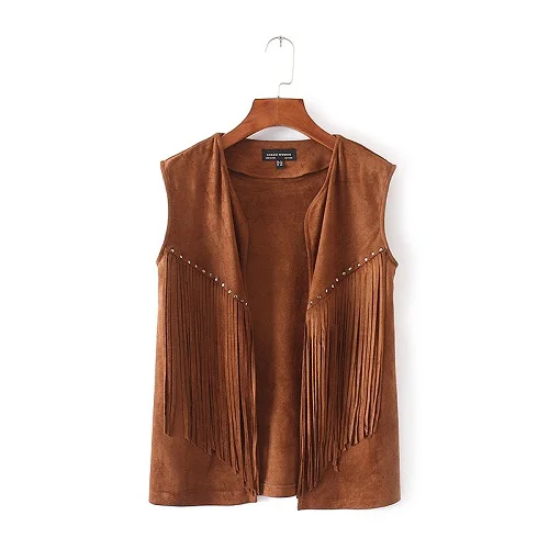 AZ8440 Brown Корейская мода, Женские винтажные жилеты, замшевый жилет с v-образным вырезом, без рукавов, с кисточками, Женский Бренд, коричневый, черный, короткий жилет с открытой строчкой - Цвет: AZ8440 Brown