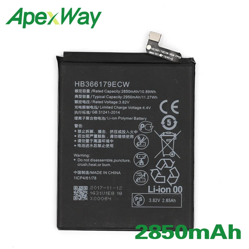 

ApexWay 2 шт./лот HB366179ECW 2850 мАч аккумулятор для телефона Huawei Nova 2 PIC-AL00 PIC-TL00 PIC-L29