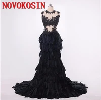 2019 fowl feather ruffles sweep train top appliqued lace organza prom illusion evening dresses custom made formal party gowns