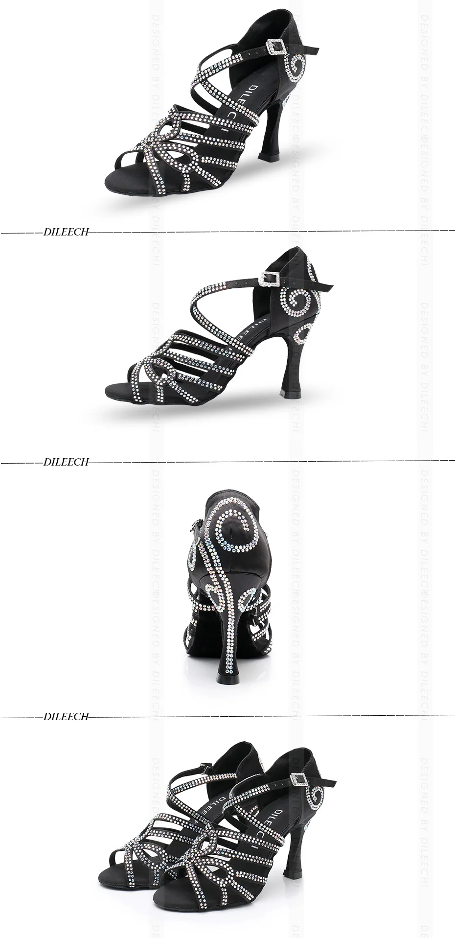 DILEECHI Latin dance shoes double Rhinestone shining Skin Black satin women Ballroom dancing shoes Cuba heel 9cm New Arrival