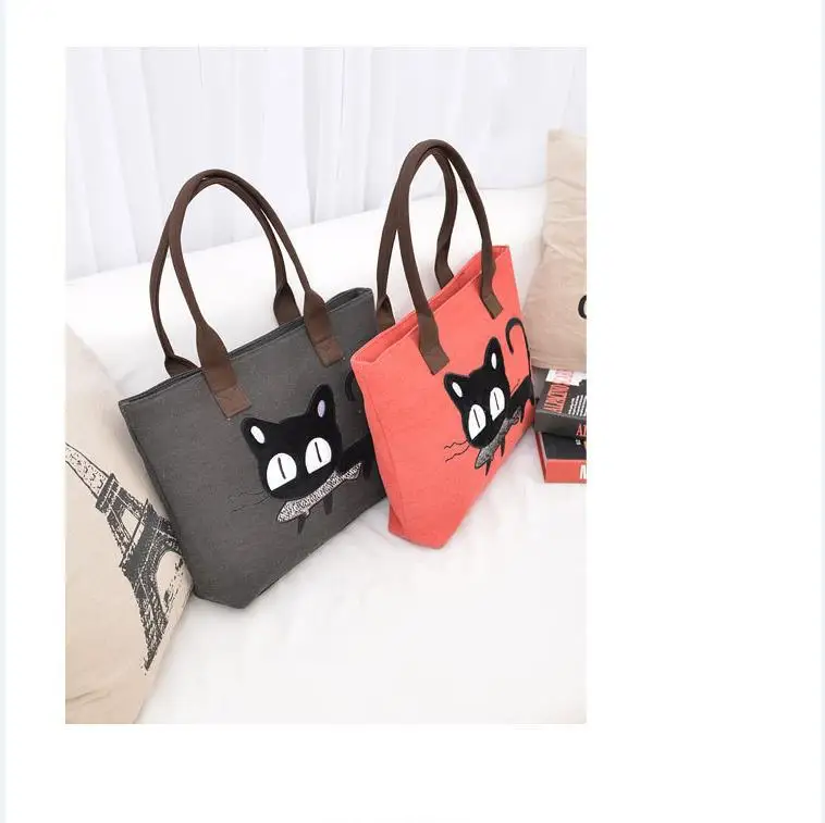 

Cartoon cat canvas bag Vintage Female Top-handle Bags Rivet Larger Women Bags Hair Ball Shoulder Bag Messenger Bag-45