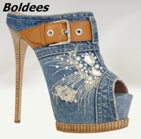 boldees new arrival blue denim platform slippers women stylish jeans crystal buckle decorated peep toe sandals stiletto heelshoe