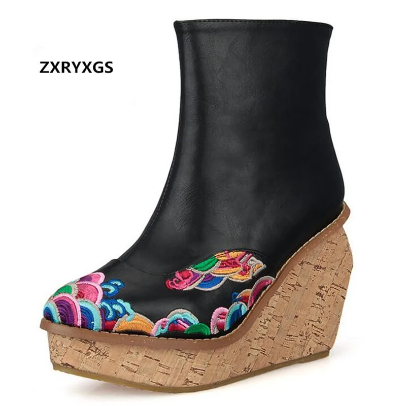 

ZXRYXGS Brand Shoes Woman Boots Wedge with High Heels Autumn Winter Boots Embroidered Sheepskin Leather Boots Fashion Shoes New