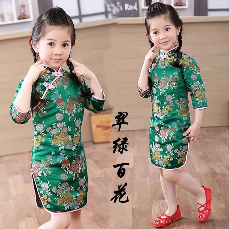 

Платье для девочек с цветочным рисунком, детское китайское Ципао с коротким рукавом, одежда для девочек на весну и осень, лидер продаж 2021