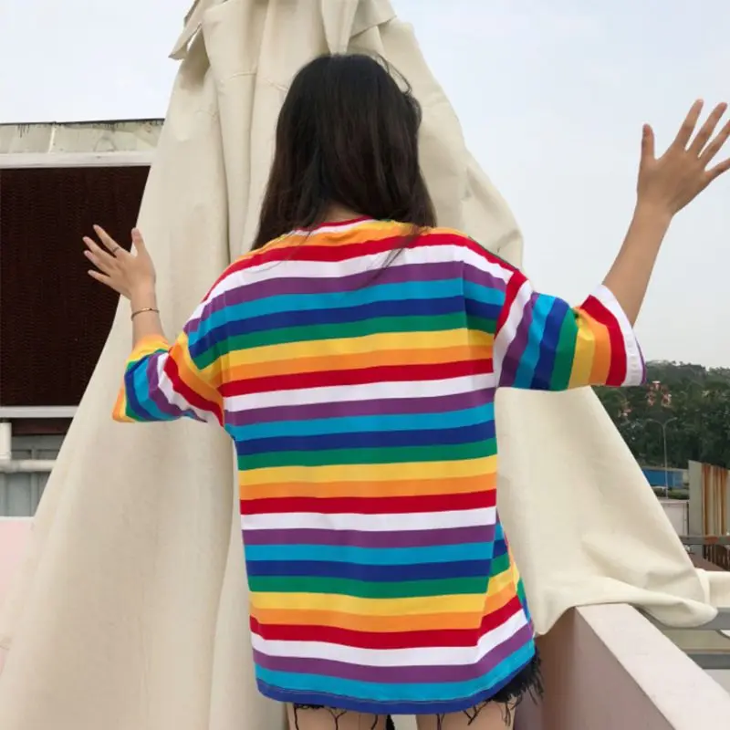 

Women Girls Plus Size Half Sleeves Harajuku T-Shirt Rainbow Contrast Colored Cross Stripes Printed shirt Oversized Loose Pullov