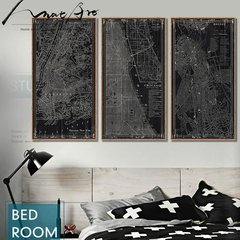 Черно белая Современная Карта города 3 шт холст искусство для гостиной домашний
