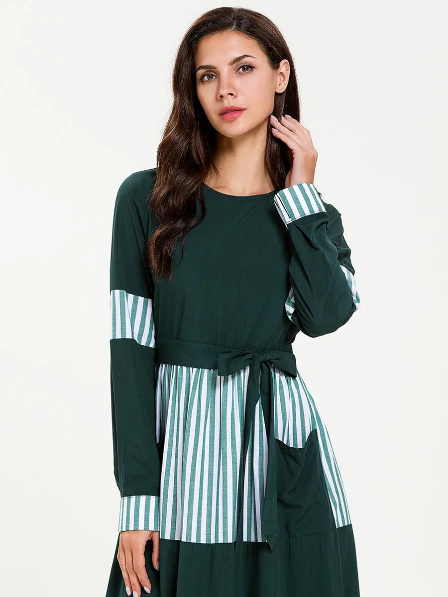 Женское мусульманское платье в полоску макси с контрастной строчкой размер плюс