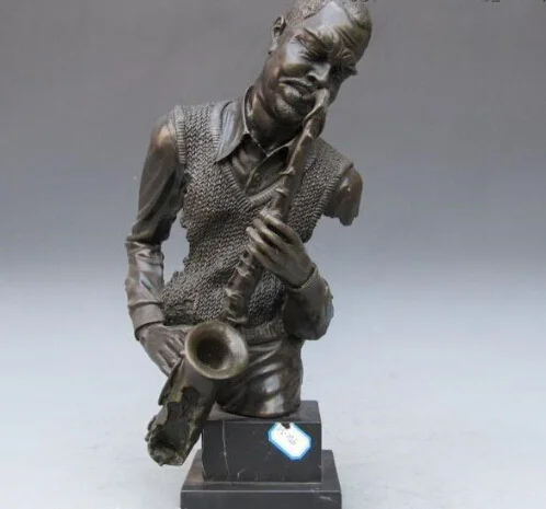 16 &quotАфрика Superb Искусство Чистая Бронза Медь Резные саксофон Статуя Человека |