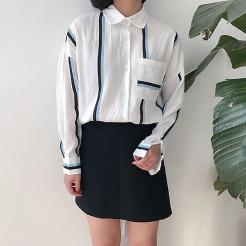 Женская свободная рубашка в полоску Повседневный Кардиган Корейском стиле