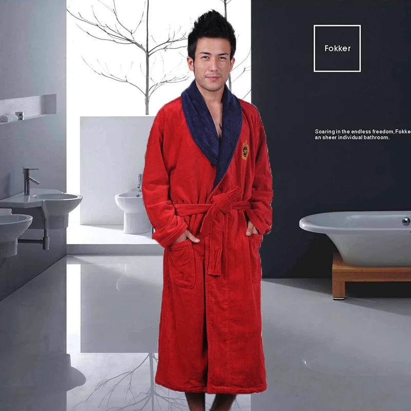 RED Мужской зимний халат мужской халат плюс XXXL толстые теплые длинные халаты удобный банный халат мужской однотонный домашний халат - Цвет: RED