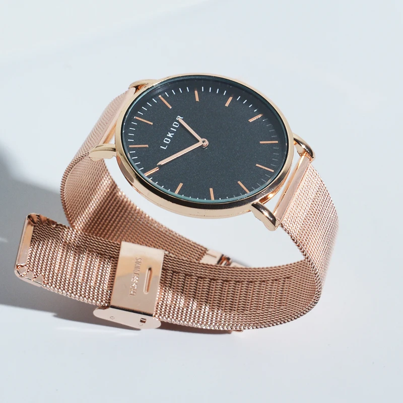 Lokior Брендовые женские часы розовое золото сетка из нержавеющей стали кварцевые