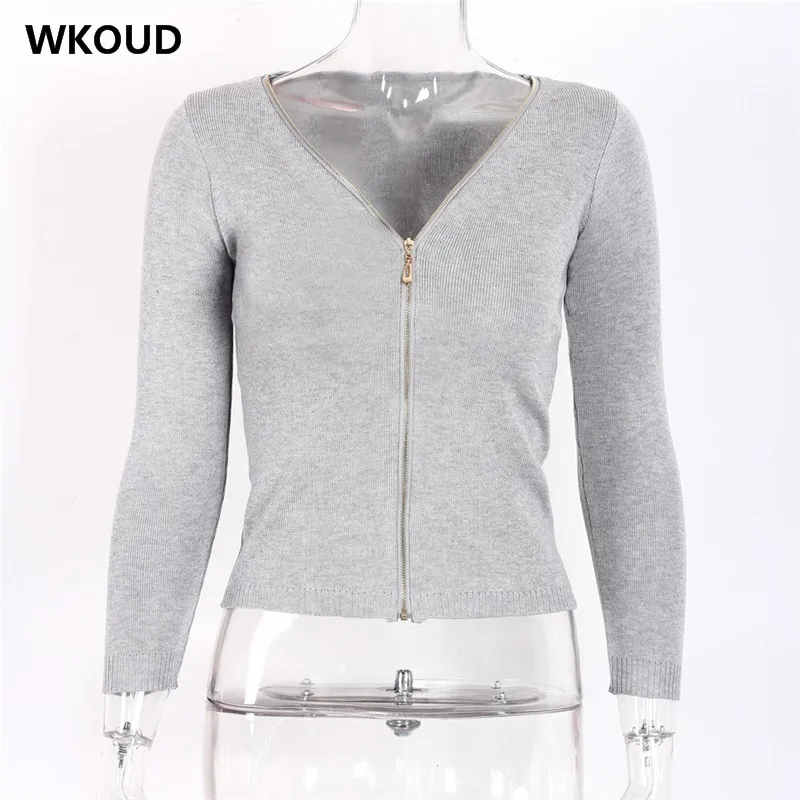 WKOUD 2018 Women Knitted Cardigans With Zipper Deep V-neck Sweaters Female Sexy Casual Slim Sweater Knitwear Crop Tops H1037 |