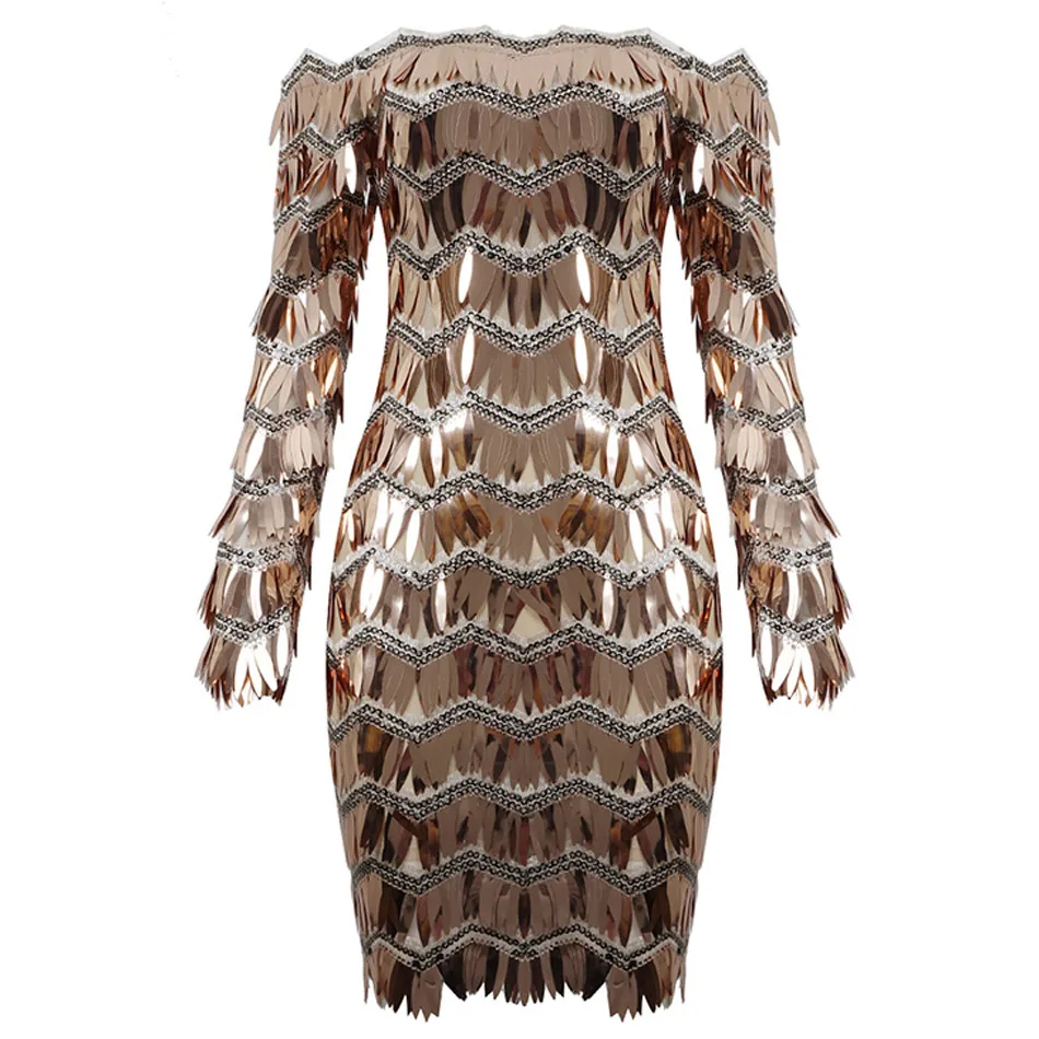 gold Женское платье в полоску с блестками и кисточками, Vestidos, с вырезом лодочкой, с открытыми плечами, с бахромой, с длинным рукавом, мини, облегающее, вечерние платья - Цвет: gold