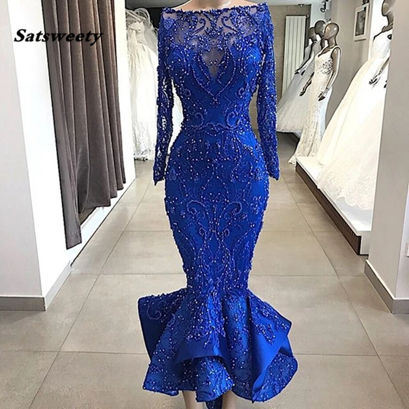 

Lace Illusion Mermaid Prom Dresses Embroidery Appliques Ankle Length Long Sleeves Formal Evening Gowns robe de soiree