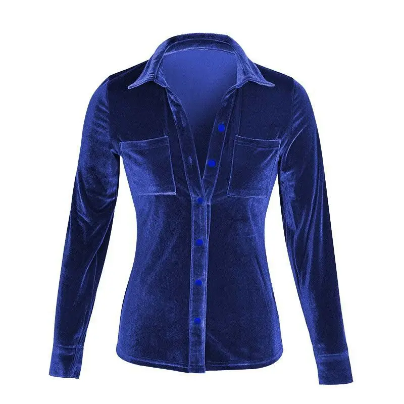 color blue Золотая Бархатная женская блузка, топы с длинными рукавами и отворотом, повседневная женская рубашка, Осень-зима, новая мода, женские бархатные рубашки - Цвет: color blue