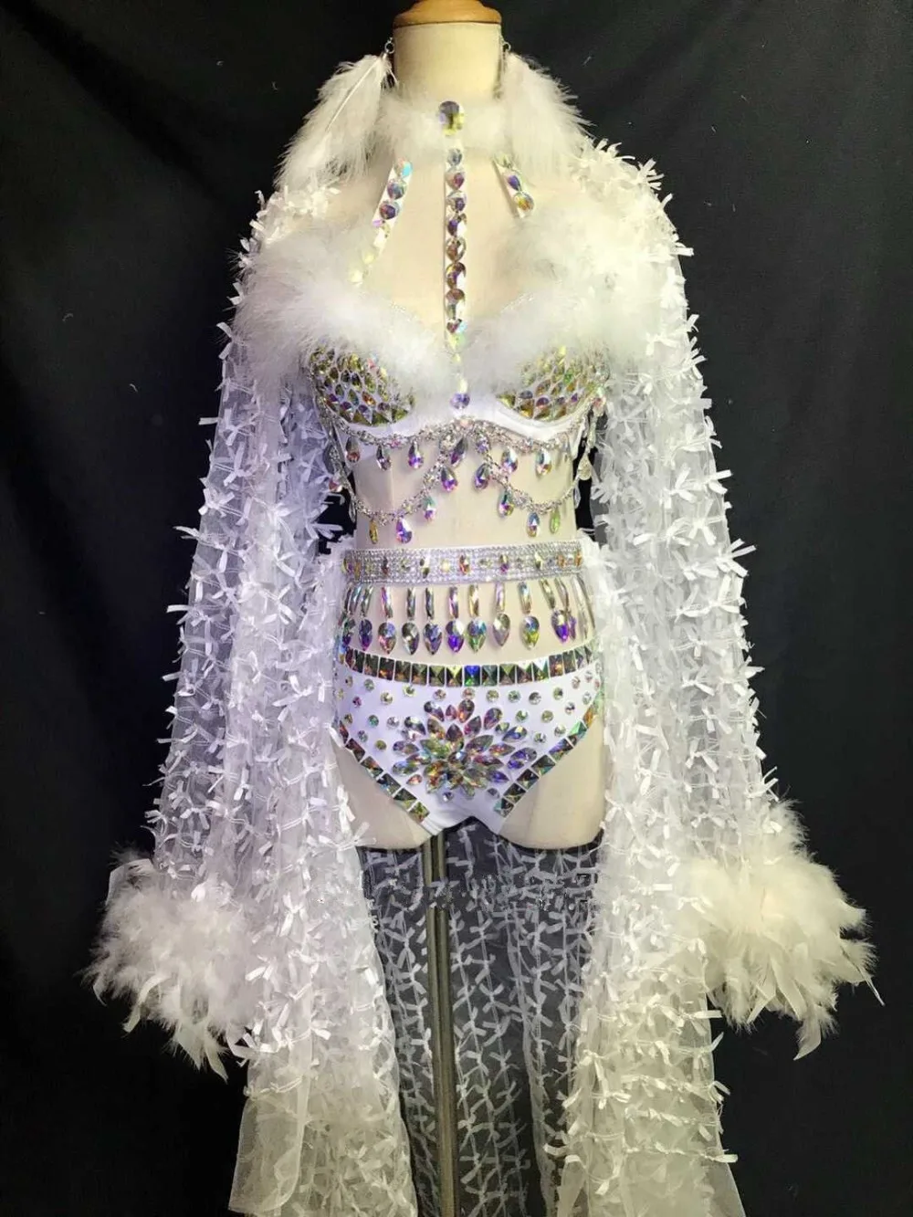 Fashion Design White Feathers Long Trailing AB Rhinestones Bikini Set Stage Female Singer Performance Costume Nightclub Clothing