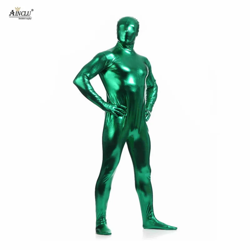 Зеленое металлическое боди Ainclu Zentai для хеллоуина блестящее платье из спандекса с