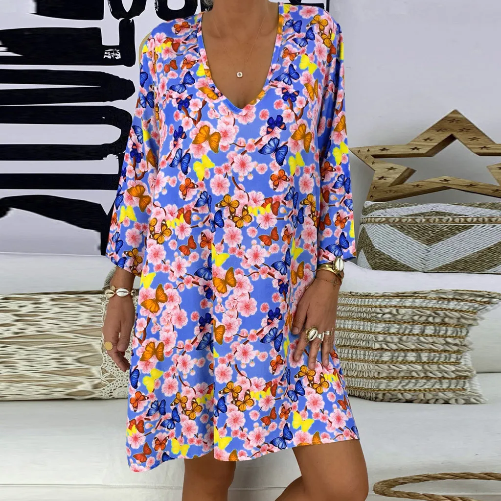 Vestidos Plus Size Dress Ladies V-neck Dresses Women's Loose Print Three Quarter Sleeve Mini Casual Summer MMM | Женская одежда