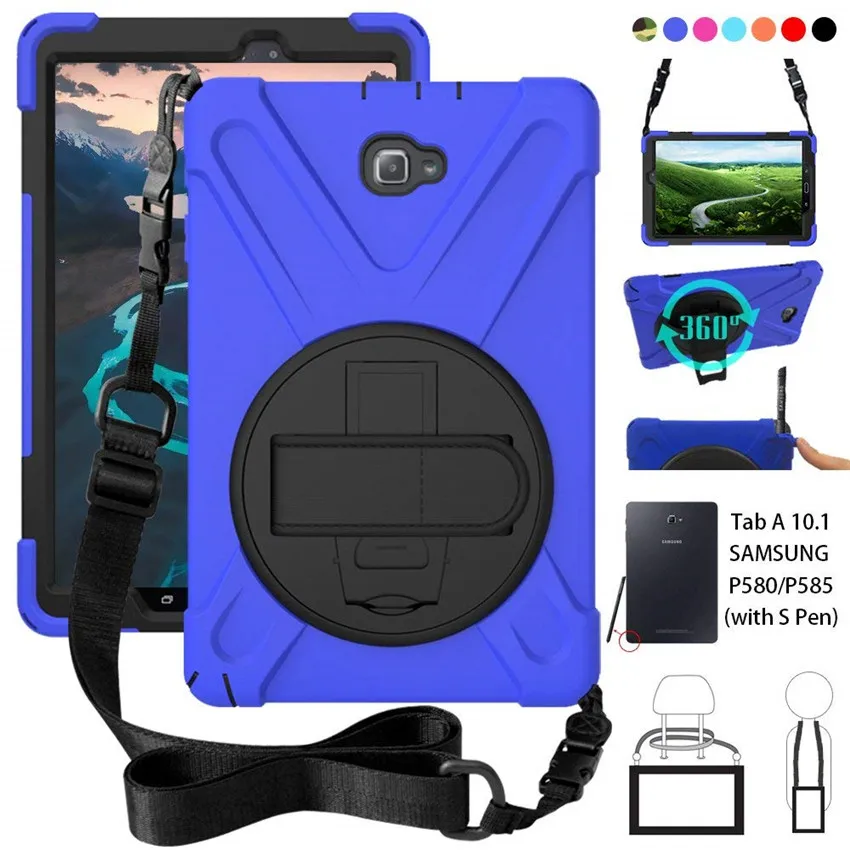 Для samsung Galaxy Tab A 6 A6 10,1 P580 P585 S-Pen vers прочный ПК+ Силиконовый жесткий чехол с поворотной подставкой 360, ремешком на руку и шейным ремешком