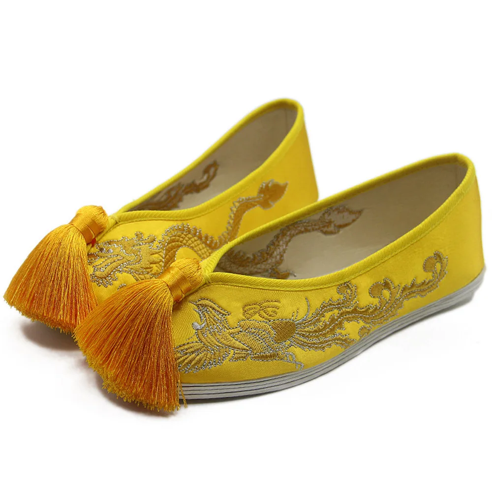 Women Flats Bride Shoes Chinese National Wedding Yellow Satin Dragon Phoenix Embroidered Tassel Breathable Single Ballet Woman