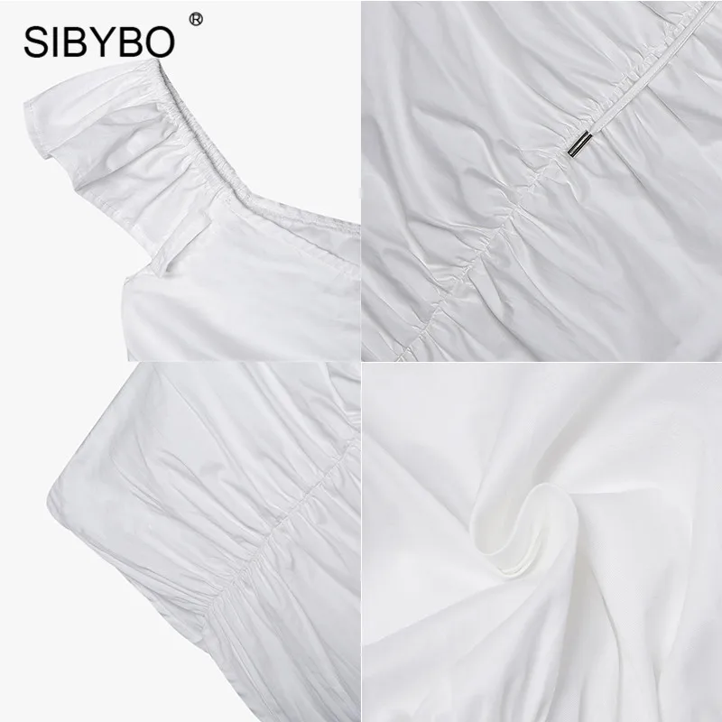 Sibybo с воротником с кружевом и оборками, пикантная женская обувь на шнуровке с платье Для женщин, модная, с v-образным вырезом, летнее Плиссированное мини-платье белого цвета с открытой спиной Клубные вечерние платье с коротким рукавом