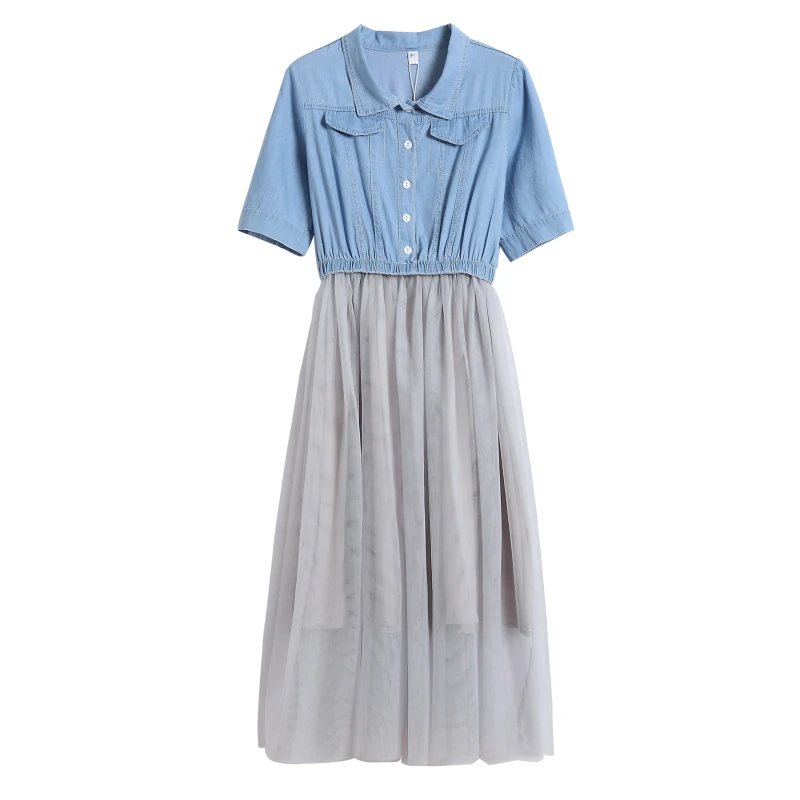 2018 latest fashion women denim vintage dress short sleeve casual mesh | Женская одежда