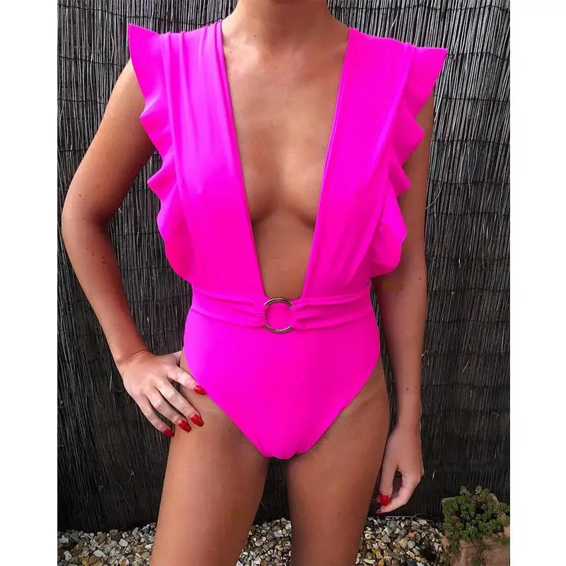 RL151 Color6 Цельный купальный костюм сексуальные купальники с оборками женский однотонный купальный костюм винтажный Ретро купальный пляжный костюм одежда для плавания с принтом Монокини - Цвет: RL151 Color6