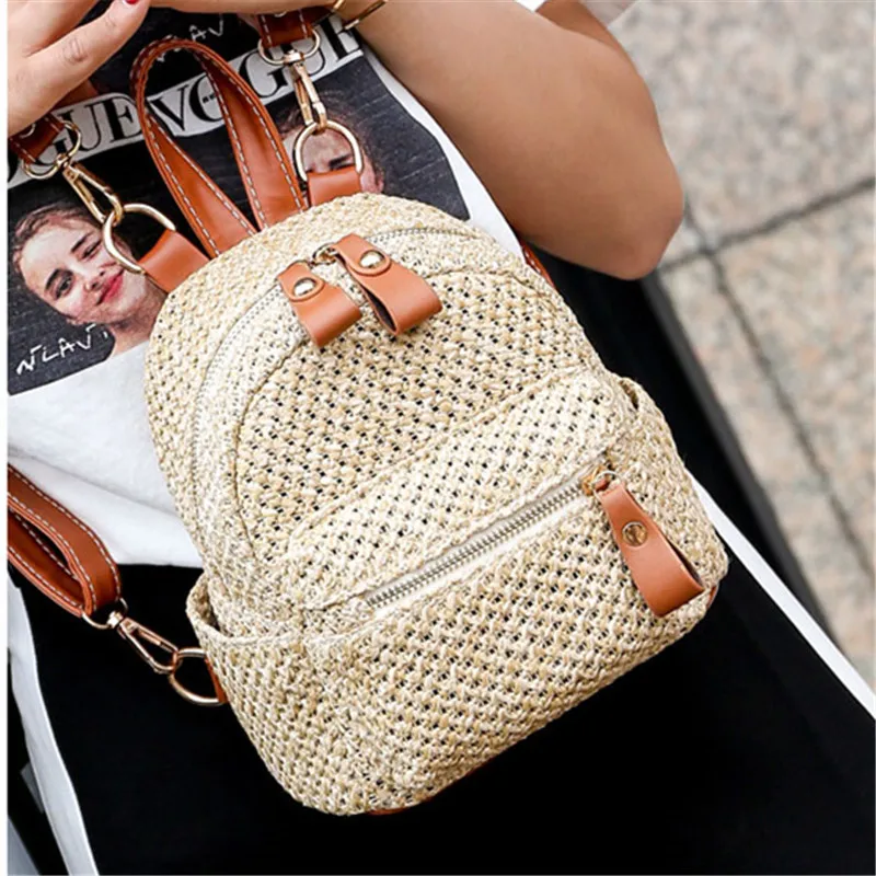 

WEIXIER Small Straw Backpack Women Solid Zipper Woven Shoulder Slung Bag Holidays Casual Rattan Pack Vintage Satchel Bags V2-59