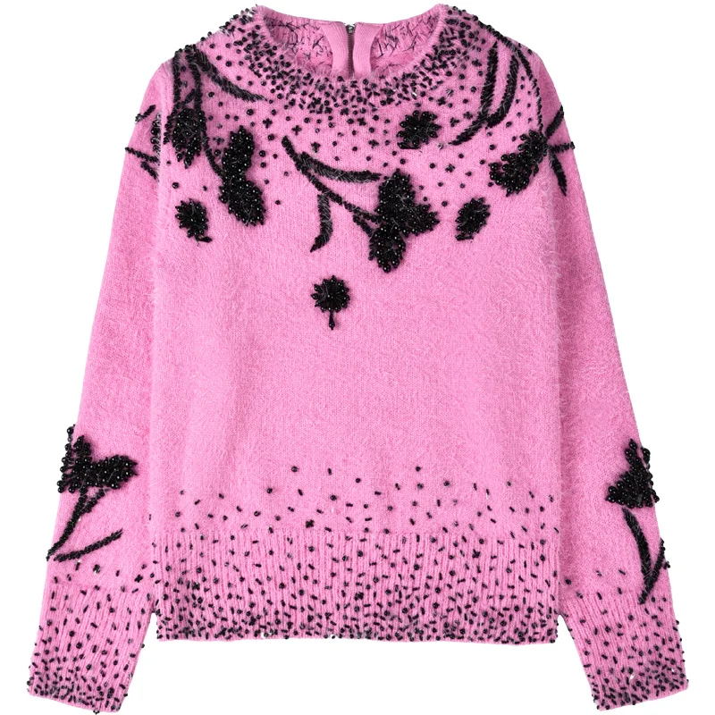 2018 Vintage Rose Mohair Sweaters and Pullover Women Floral Pattern Beading Long Sleeve Autumn Winter Runway Knit Jumper Clothes | Женская