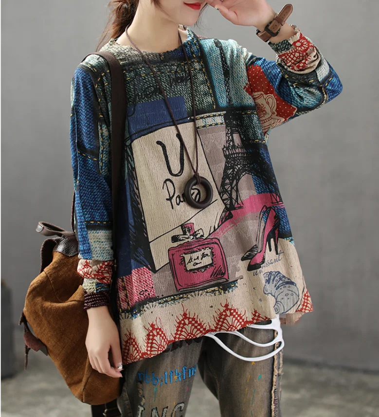Summer Autumn Sweater Women Retro Loose Print Pattern Pullovers Tops New Ladies O-Neck Casual Streetwear Blended | Женская одежда