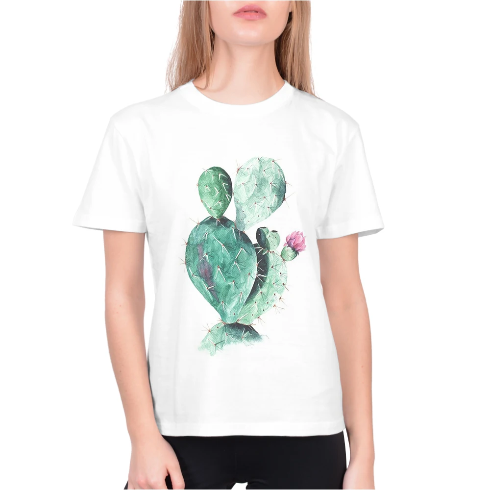 

Newest Korean Clothes Women Basic White Tees Shirt Female T Shirts O Neck Cactus Printing Cotton Short Sleeve Woman Tshirt Top