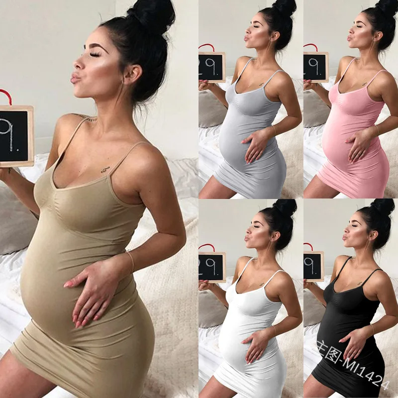 Summer 2019 New Suspension Belt Fashion Pure Color Button Pregnant Women's Skirt Home Leisure Close-fitting Large Size Dresses | Женская