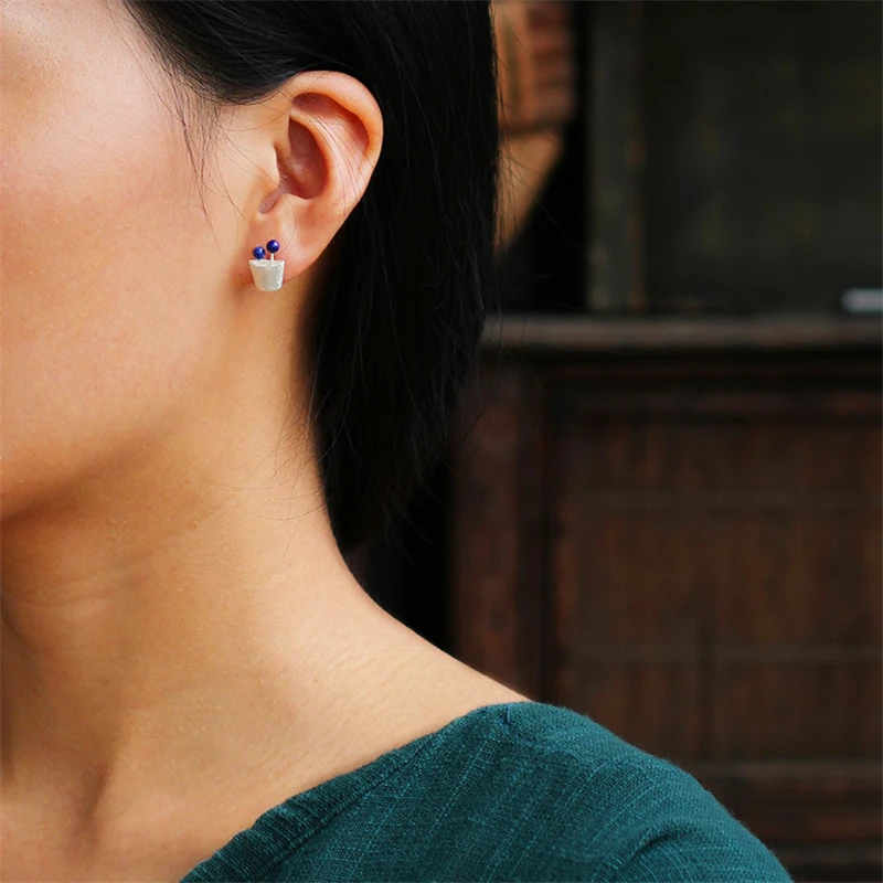 Lotus весело Настоящее стерлингового серебра 925 Природных Ляпис ручной работы Fine Jewelry завод фруктов серьги стержня для женщин brincos